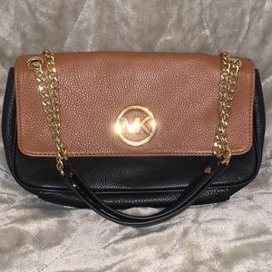Michael Kors Tan and Black Fulton Shoulder Flap Crossbody/Shoulder Bag/Clutch